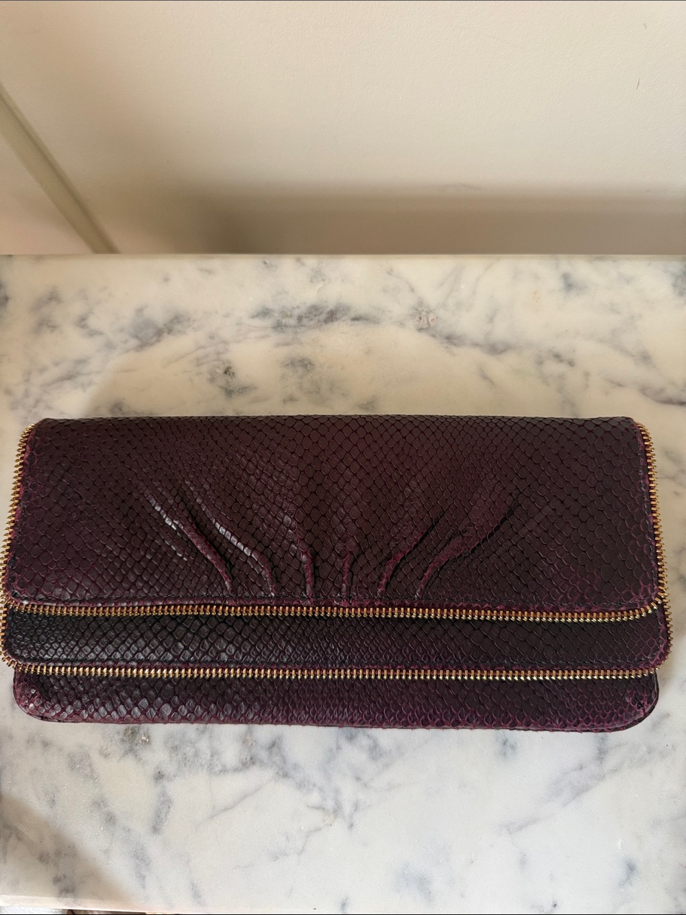 Lauren Merkin Clutch- Burgundy Snake-Embossed Zip-Trim Clutch Wallet
